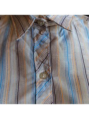 True Vintage Boho Top Medium Striped Button-Down Shirt Pastel Blue/Beige 70s